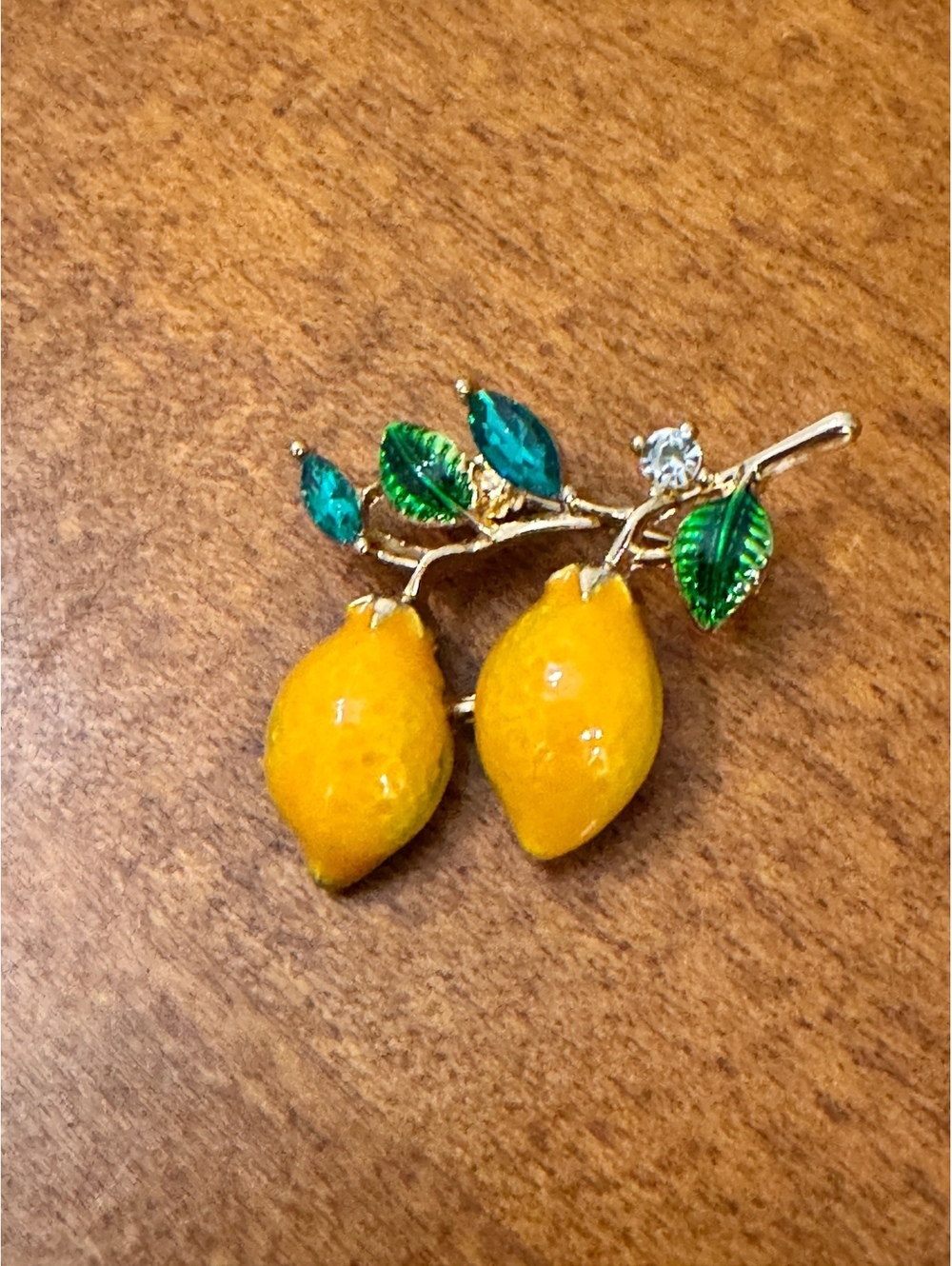Vintage Lemon Fruit Brooch with Green Leaves and Rhinestone Accent 533